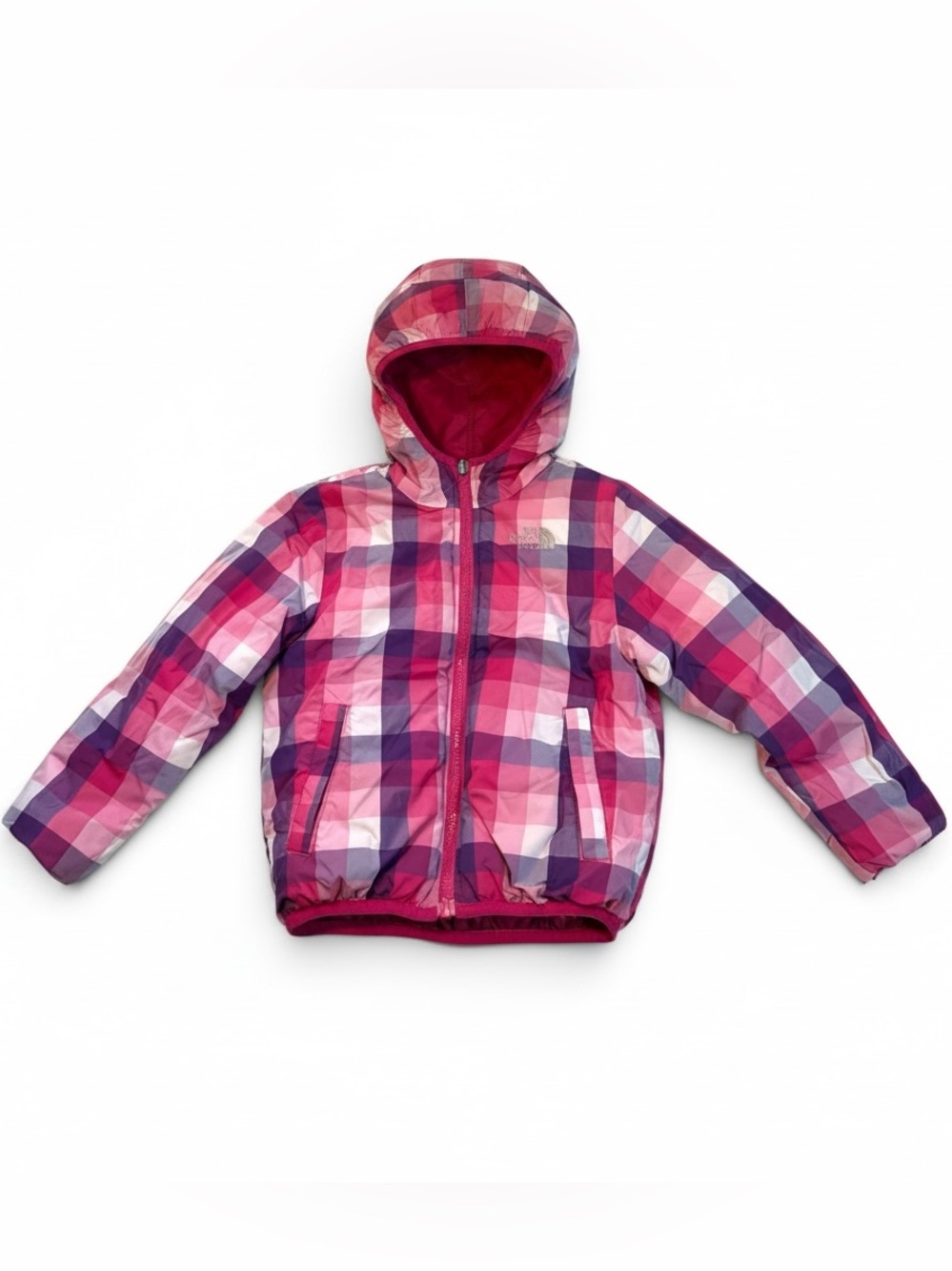 The North Face kid’s pink reversible plaid down quilted puffer jacket size 5/XXS